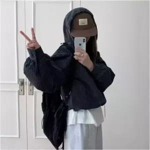 점퍼 후드 체크 이른 집업 코트 쇼트 여사친 춘추 캐주얼 OP3