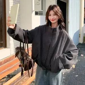 그레이 모직 가을 여성용 숏 코트 도톰 체크 차이나 톱 KS3