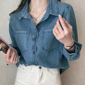 캐주얼 루즈핏 여성 데님 셔츠 빈티지 청남방