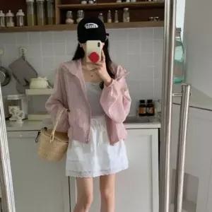 여성 여행 나들이 바람막이 시스루 플라워 후드 점퍼