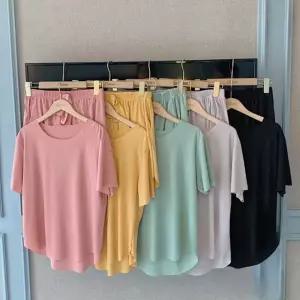 여름 홈웨어 단색 반팔 반바지 파스 베이지 블랙 핑크 세트 가시 컬러 DS-5041