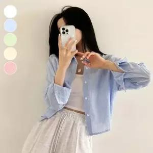 반크롭 셔츠 편한 잔스트라이프 반크롭 잔스트라이프 URD 얇은소재 여름셔츠 여유핏 얇은