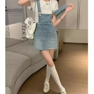 원피스 휴가룩 멜빵 미니멀 청치마 뒷리본포인트 여름