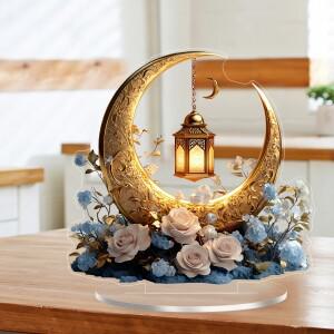 1PC 2D 우아한 Eid 초승달 랜턴과 꽃 아크릴 장식 기호 기본 홈 오피스 및 침실 데스크탑