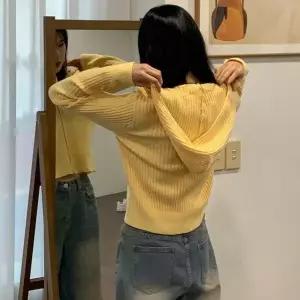 [하프클럽/옷자락]여자 니트상의 투웨이집업 골지 후드 노랑색 가디건