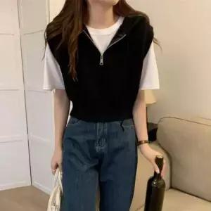 [하프클럽/옷자락]여자 크롭 후드집업 드롭숄더 골지 니트 간절기 조끼