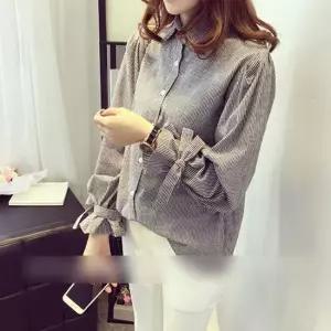 오너클랜 소매 리본 스트라이프 단추 여성 블라우스 셔츠 데일리블라우스 리본셔츠 여자블라우스