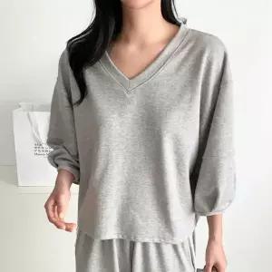 [하프클럽/옷자락]여자 벌룬 칠부티 브이넥 세미크롭 봄맨투맨 티셔츠