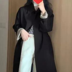 [하프클럽/옷자락]여성 간절기 배색 소매 벨트 롱 트렌치코트