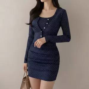 [옷자락] 여자 간절기 도트 셔링 미니 원피스 가디건 세트
