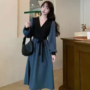 여성 모던 A라인 플레어 리본 브이넥 롱원피스 하객룩 원피스 롱원피스 플레어롱원피스