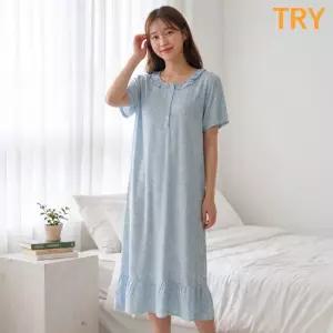 트라이 여성 I02 반팔 롱 원피스 잠옷 여름 파자마 레이온 홈웨어 시원한 인견 실내복