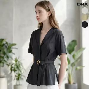 볼륨 슬리브 라운드벨트 반팔 블라우스