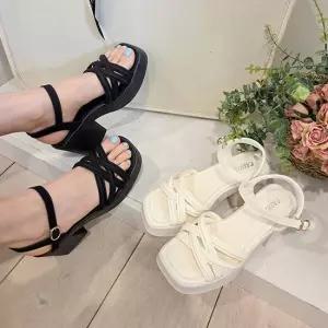 디아슈즈 뜨리 두줄 크로스 통굽 키높이 웨지샌들 8cm