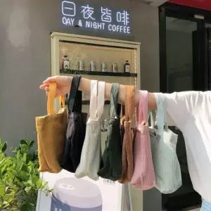 코듀로이 에코백 미니 골지 가방 가벼운 손목 일본 데일리백 니트 학원 골덴 땡땡이