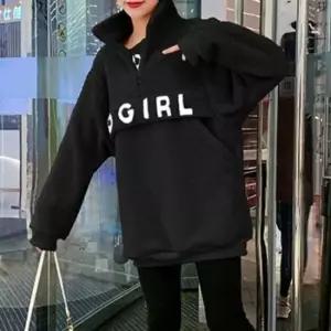 여성 반집업 뽀글이 양털 후리스 기모 맨투맨 블랙