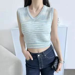 [하프클럽/옷자락]여자 레이어드 얇은 크롭 브이넥 캐주얼 니트 베스트