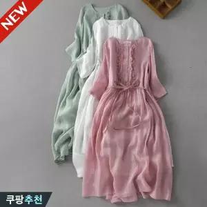 (고품질) 85kg까지 날씬해보이는 여성 예쁜 플리츠 프릴 포인트 린넨 휴양지룩 반팔 원피스 여름 빅사이즈