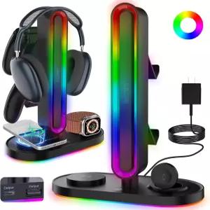 무선 충전기가 있는 RGB 헤드셋 스탠드 용 8in1 충전 스테이션 삼성 TypeC/USB 포트 게이밍 헤드폰 및