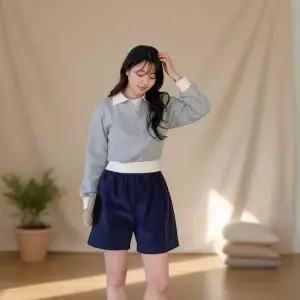 여성 배색 반집업 세미크롭 맨투맨 티셔츠 남방