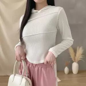 여성 골지 라운드넥 절개 후드티 후디