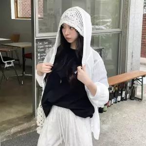 여자 여름 데일리 루즈핏 시스루 린넨 후드 얇은 긴팔 아우터 캐주얼 가디건_25352081_588872