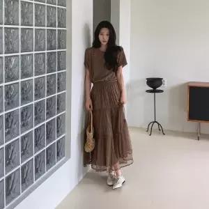 여자 편안한 밴딩 시스루 망사 티어드 롱스커트_25351814_588872