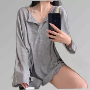 여성 루즈핏 헨리넥 티셔츠 꾸안꾸 와플롱슬리브