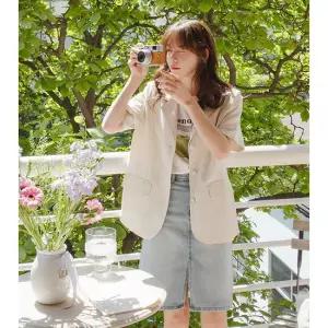 [닌나난나][어깨패드/뒷트임] 마르티 린넨 루즈핏 반팔 자켓 [Free(55~77)]
