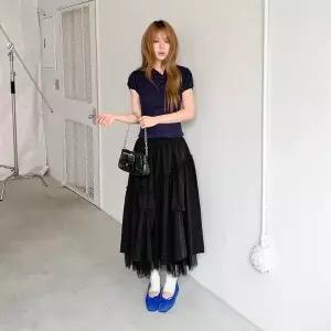 여자 밴딩 허리 주름 레이스 밑단 티어드 캉캉 플레어 롱스커트_25354018_588872