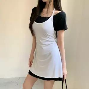 여자 데일리룩 레이어드 콤비 슬림핏 끈나시 미니 원피스 세트_25354009_588872