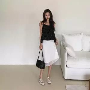 여자 데일리 팝콘 자수 시스루 레이어드 미디 스커트_25355533_588872