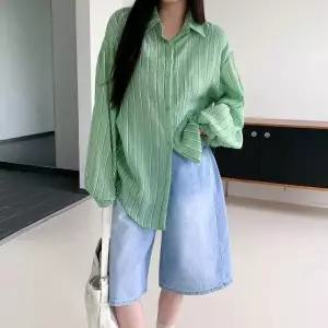 여자 가벼운 면 오버핏 스트라이프 카라 셔츠_25355521_588872