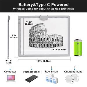 A3 라이트 박스, 무선 배터리 LED 패드 스탠드 포함, 5D 다이아몬드 페인팅 키트 아티스트 드로잉 스케치