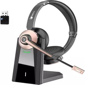 이어베이 무선 헤드셋 마이크 노이즈 캔슬링 및 USB 동글이 포함된 블루투스 음소거/충전 도크가 헤드폰 PC