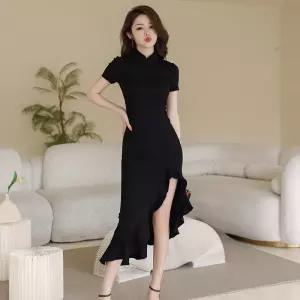 여성 여름 개량 치파오 스커트 블랙 언밸런스 머메이드 원피스 심쿵돌직구