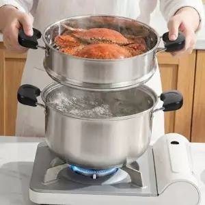 [골드스마일]스텐 찜기 24cm 스텐 찜솥 다용도 인덕션 깊은 냄비 2단 양수