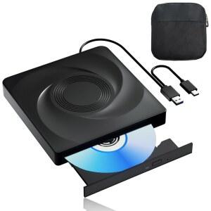 노트북 외장 DVD 드라이브용 Wbacon CD/DVD 드라이브, 노트북용 플레이어 휴대용 CD 리더, PC Windows 11 / 10 7 Linux Mac OS와 호환되는 버너(캐링 케이스 포함 검은색)