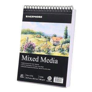 바흐모어 드로잉 패드 9X12인치(110파운드/180g), 60장, 아티스트 프로 및 아마추어를 위한 탑 스파이럴 바운드 멀티미디어 | 아크릴 아트, 잉크, 페인트, 오일 파스텔,