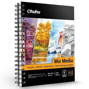 오후 믹스 미디어 패드, 7인치 x 10인치 혼합 미디어 아트 스케치북, 120파운드 / 200 GSM 헤비웨이트 페이퍼, 62장 / 124페이지, 아크릴용 나선형 바운드 혼합