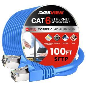 인터넷, 라우터, 컴퓨터, 플레이스테이션, Xbox, POE 카메라, 프린터용 AvesView CAT 6 차폐 이더넷 케이블 100FT, 실내 고속(SFTP) 10Gbps 스내그리스 100FT - 파란색