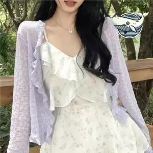 프릴 포인트 니트 카디건 여름 캐주얼 여성 용 썸머 숄 가디건 볼레로 얇은 로브
