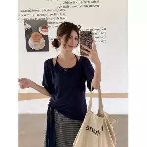 네이비 반팔 블라우스 티셔츠 서스펜더 여성 여름 캐주얼 세트 하이웨스트 스트라이프 스커트 3종