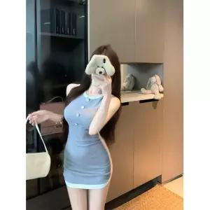어누나 경숙풍 충돌색 라운드 조끼 양복 여성 여름 주머니 엉덩이 치마 기질 부각 몸매 짧은