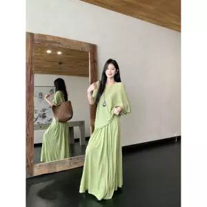녹색 루즈한 반팔 상의 여성 여름 나른한 바람 세트 하이웨스트 드리운 느낌 큰 트위스트 스커트 기질 투피스