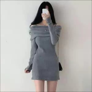데일리룩 여성 여리여리 오프숄더 끈나시 슬림핏 니트 미니원피스 2색