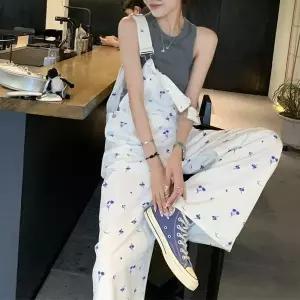 [하프클럽/무드수]주니 화이트 플라워 포인트 멜빵 바지 피크닉룩 벚꽃