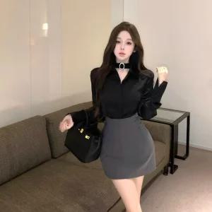 여성 섹시 엘레강스 셔츠카라 긴팔 새틴 셔츠 기품 힙업 숏 스커트 투피스