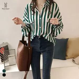 [하프클럽/]벨라도나 봄가을 여성 데일리룩 오버핏 스트라이프 긴팔셔츠 다