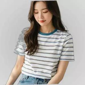 여성 스트라이프 라운드 여름 반팔 줄무늬 티 티셔츠